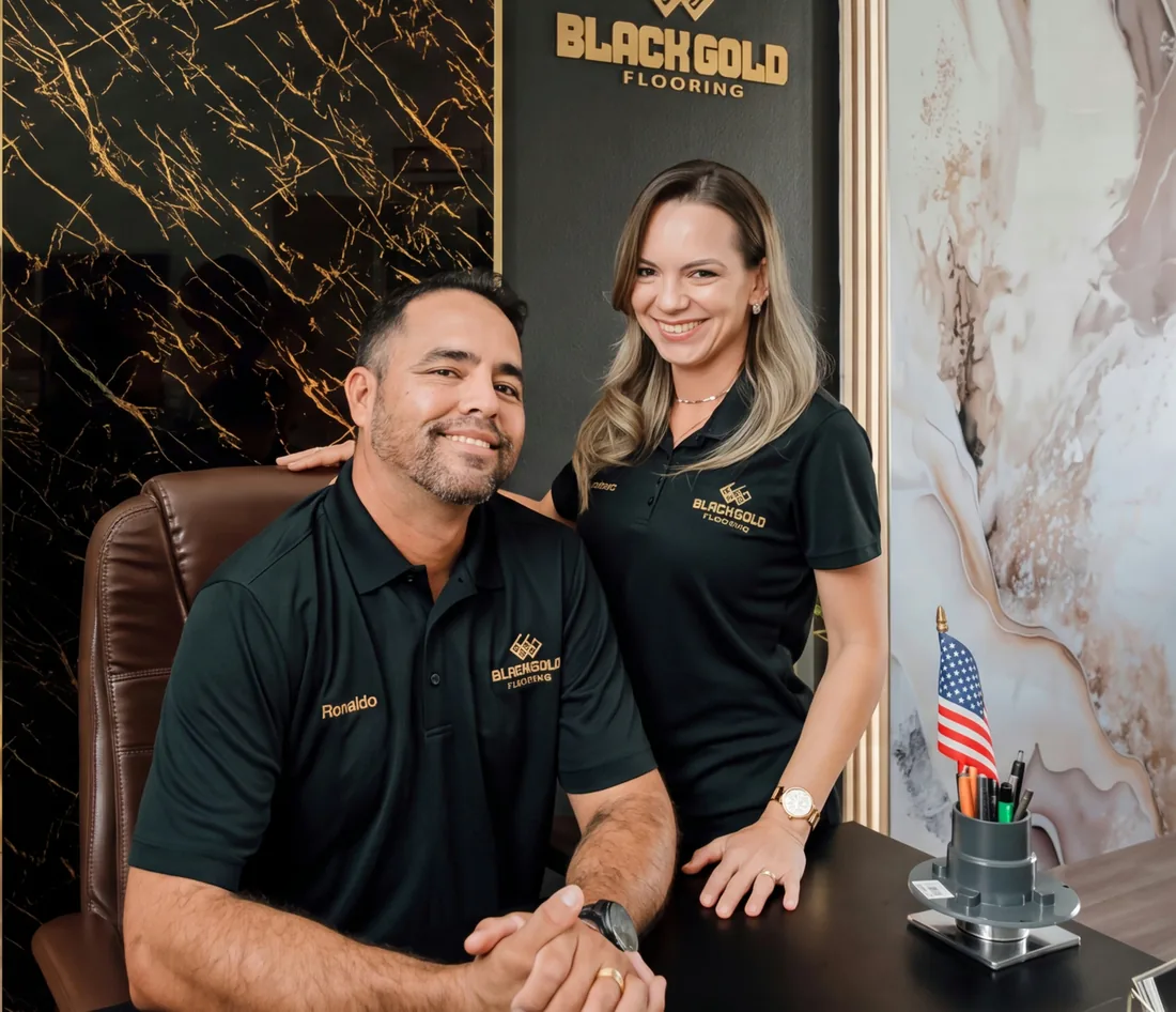 Ronaldo and Amanda, the owners of Black Gold Flooring, in their Wildwood showroom